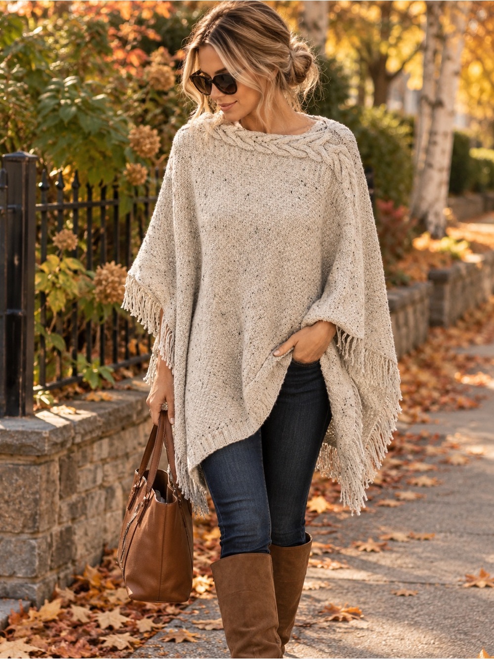 Lauren Ralph Lauren Wool Blend Fringe Poncho in Cream